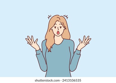 Surprised woman feels shock and indignation because injustice shown, stands with arms spread to sides. Girl opens mouth after experiencing shock associated with sharp rise in prices and high inflation