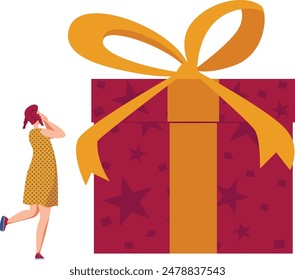 Surprised woman giant gift looking amazed enormous present. Excited female oversized surprise box stars pattern ribbon. Astonished lady polka dot dress huge wrapped gift standing