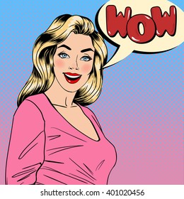 Surprised Woman. Happy Girl. Pretty Blonde with Comic Speech Bubble Wow. Pop Art Banner. Vector illustration