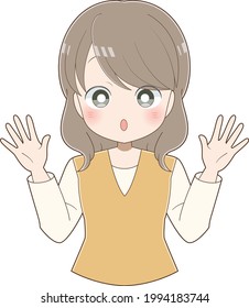 A surprised woman with her arms open
