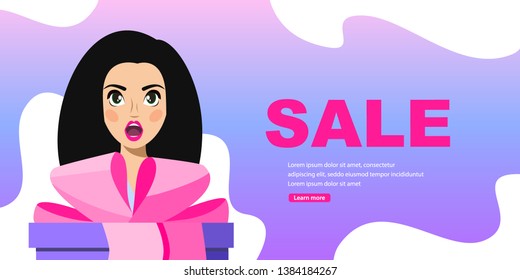 Surprised woman holding gift box. Sales discount. Vector illustration