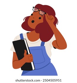 Surprised Woman Holding A Notebook And Adjusting Her Glasses. Female Character Is Wearing A White T-shirt And Blue Overalls, Conveying A Sense Of Curiosity And Amazement. Cartoon Vector Illustration