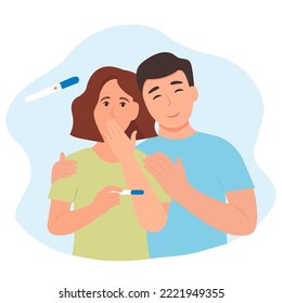 Surprised Woman Holding Pregnancy Test.Positive result. Happy young  couple expecting a baby.Vector illustration