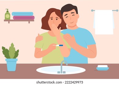 Mujer sorprendida que lleva la prueba de embarazo. Resultado positivo. Feliz pareja joven esperando un bebé. Ilustración de vector