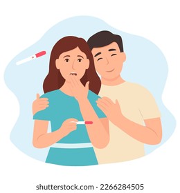 Surprised Woman Holding Pregnancy Test.Positive result. Happy young  couple expecting a baby.Vector illustration