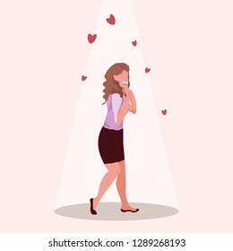 surprised woman holds cheeks by hand happy valentines day holiday celebration concept beautiful girl over red heart shapes flat female full length character