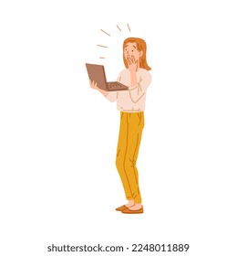 Surprised woman looking at laptop, flat vector illustration isolated on white background. Office worker or freelancer expressing shocked emotion. Amazed and excited character.