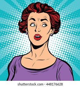 Surprised woman looking sideways pop art retro vector realistic hand drawing illustration. White lady, Caucasian, brunette.