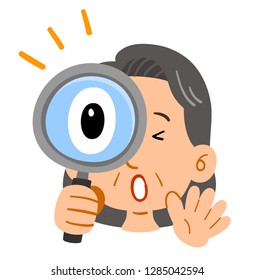 Surprised woman looking through the magnifying glass Middle-aged face Facial expressions