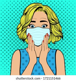 Surprised woman with medical mask. Comic woman. Wow face female. Pop Art vintage vector illustration