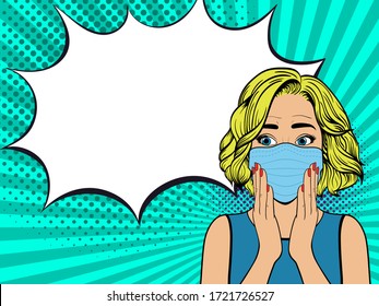 Surprised woman with medical mask. Comic girl with speech bubble. Wow face female. Pop Art vintage vector illustration