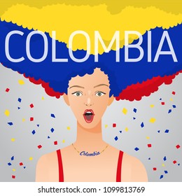 Surprised Woman with National Flag in Afro Hair : Colombia : Vector Illustration