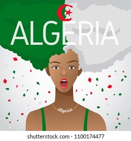 Surprised Woman with National Flag in Afro Hair : Algeria : Vector Illustration