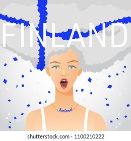 Surprised Woman with National Flag in Afro Hair : Finland : Vector Illustration