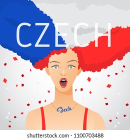 Surprised Woman with National Flag in Afro Hair : Czech Republic : Vector Illustration