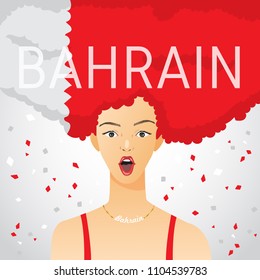 Surprised Woman with National Flag in Afro Hair : Bahrain : Vector Illustration