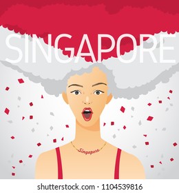 Surprised Woman with National Flag in Afro Hair : Singapore : Vector Illustration