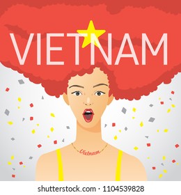Surprised Woman with National Flag in Afro Hair : Vietnam : Vector Illustration