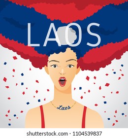 Surprised Woman with National Flag in Afro Hair : Laos : Vector Illustration