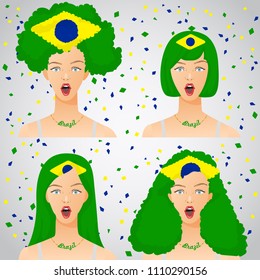 Surprised Woman with National Flag Haircut : Brazil : Vector Illustration