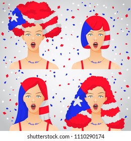 Surprised Woman with National Flag Haircut : Puerto Rico : Vector Illustration