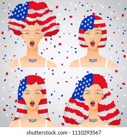 Surprised Woman with National Flag Haircut : USA : Vector Illustration