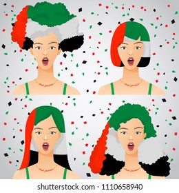 Surprised Woman with National Flag Haircut : United Arab Emirates : Vector Illustration