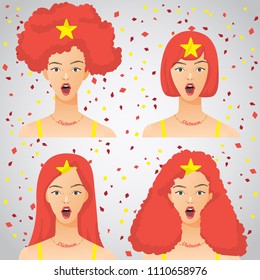 Surprised Woman with National Flag Haircut : Vietnam : Vector Illustration