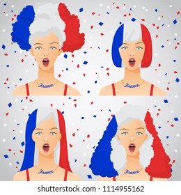 Surprised Woman with National Flag Haircut : France : Vector Illustration