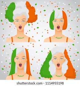 Surprised Woman with National Flag Haircut : Ireland : Vector Illustration