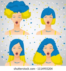Surprised Woman with National Flag Haircut : Ukraine : Vector Illustration