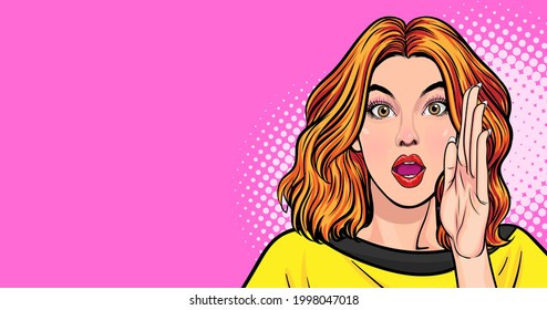 surprised woman open mouth rising hand and talking pop art retro comic style.