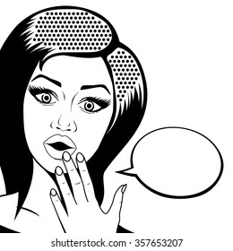Surprised Woman with open mouth and speech bubble for message. Retro pop art shocked woman outlined, isolated on white background. Vector illustration.