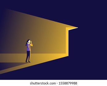 Surprised Woman Opening Door With Bright Light Inside  - Concept Of Career, Opportunity, Business Challenge - Vector Illustration For Female Business And Woman Rights