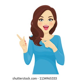 Surprised woman pointing away isolated vector illustration