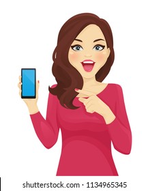 Surprised woman pointing at phone isolated vector illustration