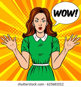 Surprised woman pop art retro vector illustration. Comic book style imitation.
