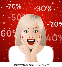 Surprised woman portrait with discount signs. Vector illustration