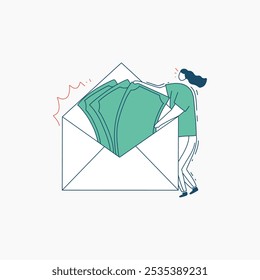 A surprised woman pushing cash out of an envelope.