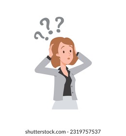 Surprised woman with questions overhead flat style, vector illustration isolated on white background. Emotional character, decorative design element, finding answers and problem solving