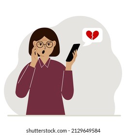 Surprised woman reading a message on his mobile phone. Message with a broken red heart. Vector
