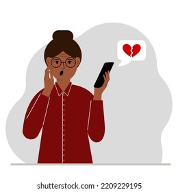 Surprised woman reading a message on his mobile phone. Message with a broken red heart. Vector flat illustration