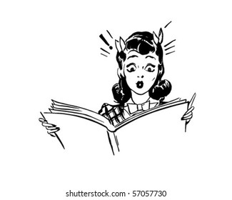 Surprised Woman Reading - Retro Clip Art