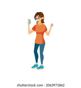 surprised woman reading shocking message on mobile phone cartoon vector. surprised woman reading shocking message on mobile phone character. isolated flat cartoon illustration