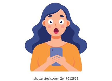 Surprised Woman Reading Smartphone; Flat Design, Shocked Expression, Vector Illustration