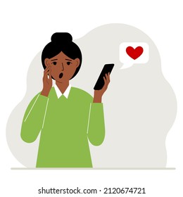 Surprised woman reads a message on his mobile phone. Message with red heart. Vector flat illustration