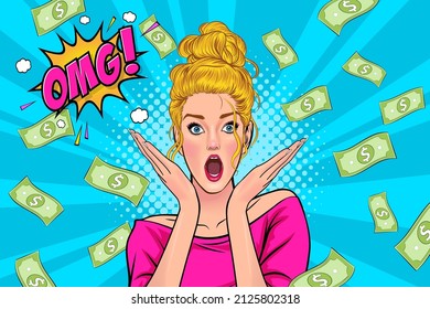 surprised woman shocking with hand near mouth and Falling Down Money in comic style