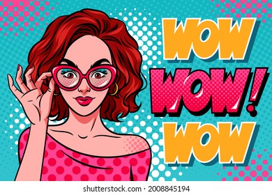 Surprised woman with short curly hair in glasses and wow word on colorful background. Comic style, pop art vector retro illustration.	