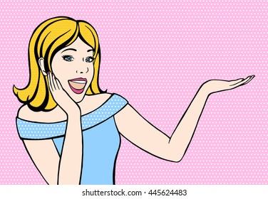 Surprised woman showing open hand palm with copy space for product or text. Surprised pin-up girl. Vector illustration in pop art style. Hand drawn illustration