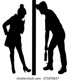 surprised woman Silhouette of a man with a beer bottle, drunk man